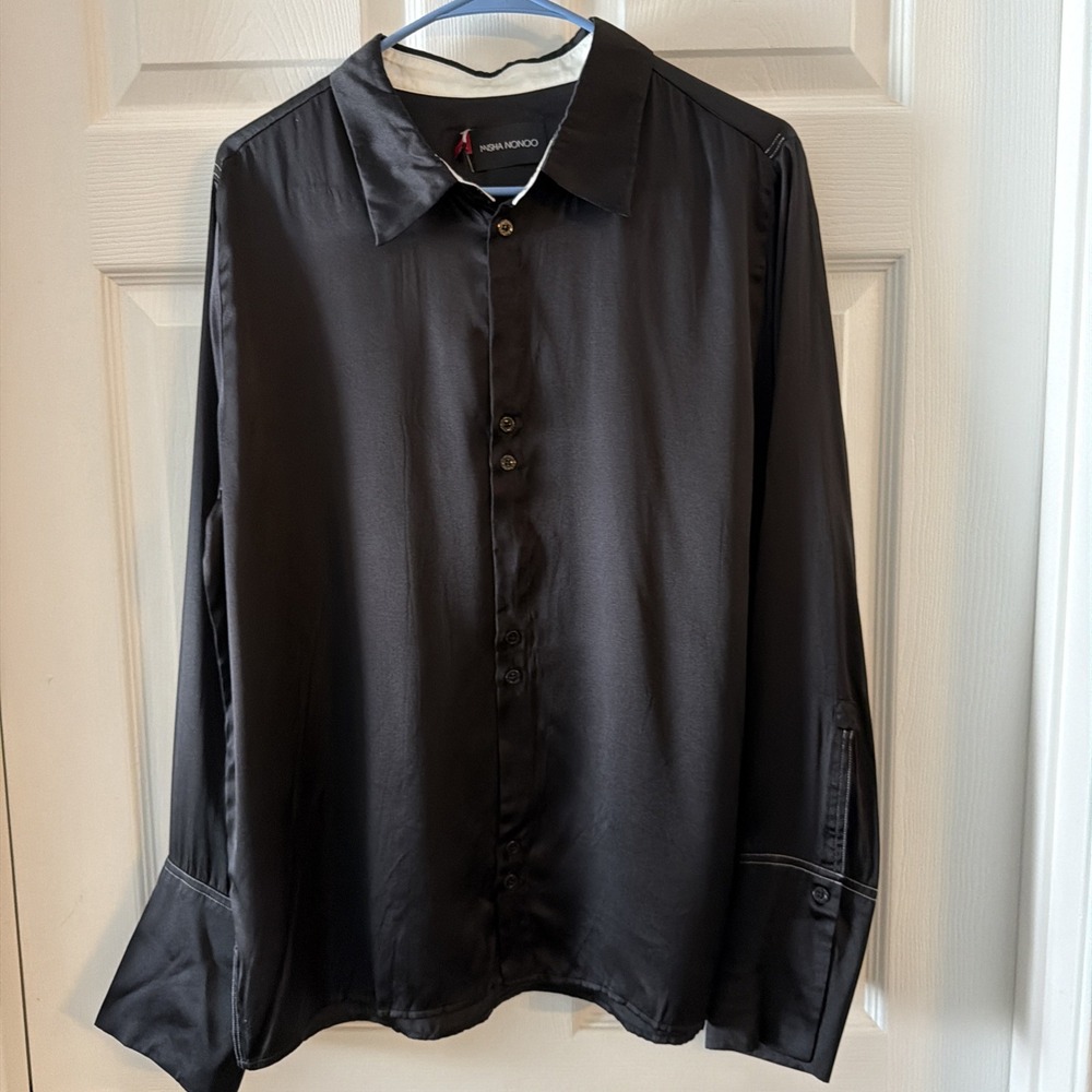 MISHA NONOO The Husband Blouse Long Sleeve Button Up Black XL Silk Designer Top